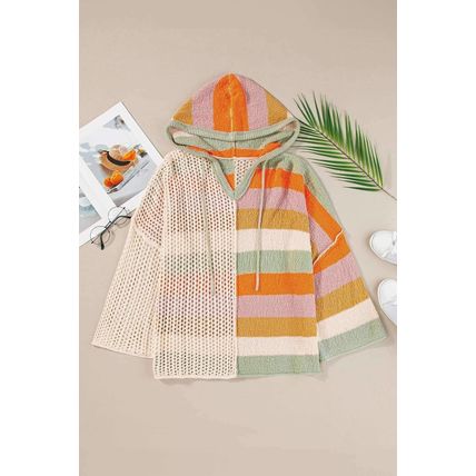 Beige Oversized Colorblock V Neck Hooded Sweater