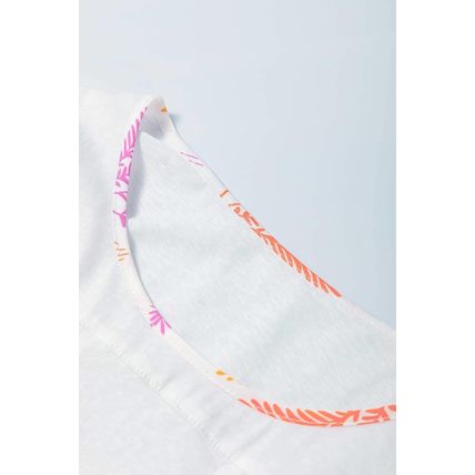 White Tropical Leaf Printed Patchwork Sleeve Round Neck Top