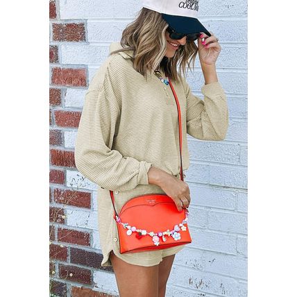 Parchment Textured Buttoned Long Sleeve Top 2 Piece Shorts Set