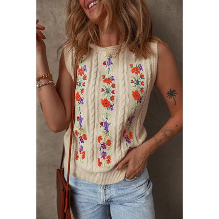 Jet Stream Embroidered Floral Cable Knit Sweater Vest