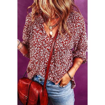 Biking Red Floral Print Smocked Tie Neck Blouse