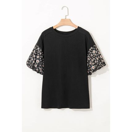 Black Contrast Floral Puff Sleeve Oversized Top