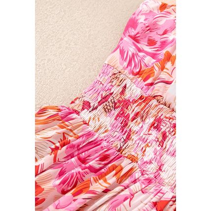 Red Floral Spaghetti Strap Surplice Neck Shirred Waist Mini Dress