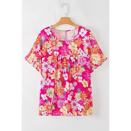 Rose Plus Size Floral Print Ruffle Short Sleeve Blouse