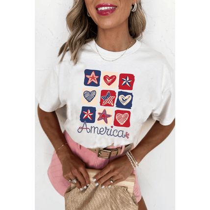 White American Heart Star Checkered Graphic Tee