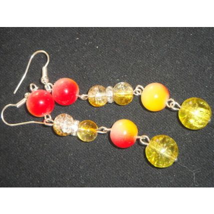 Vivid mixed red & yellow glass long swing earrings