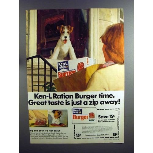 1977 Ken-L Ration Burger Dog Food Ad - Great Taste