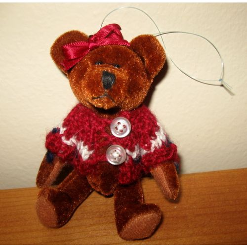 4 3/4" Jointed Fabric Teddy Bear With Button Cardigan & Bow Christmas Ornament