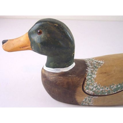 Vintage Solid Wood Hand Painted Drake Mallard Duck Decoy 15-3/4"