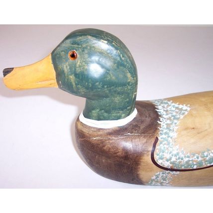 Vintage Solid Wood Hand Painted Drake Mallard Duck Decoy 15-3/4"