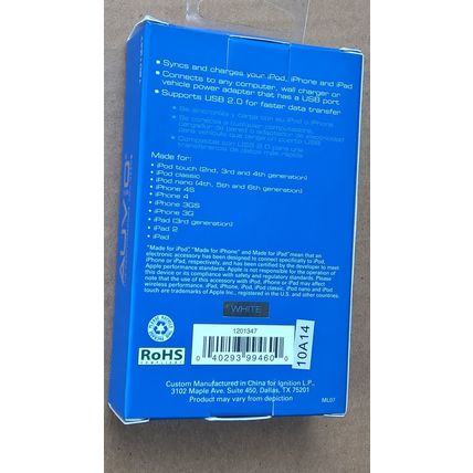 Charge Cable Sync [1 pack] Auvio 1201347 for iPod iPhone & iPad 3.8 FT white