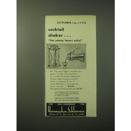 1948 Hammacher Schlemmer Hour-Glass Cocktail Shaker Ad - For Sunny Hours