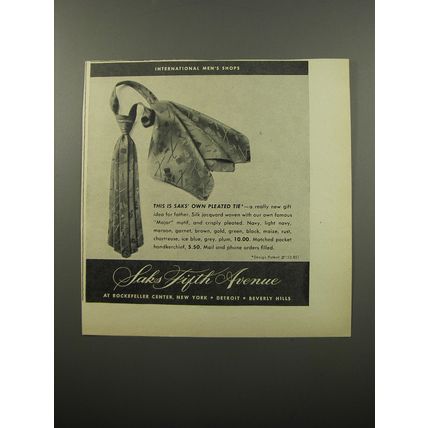 1950 Saks Fifth Avenue Pleated Tie Advertisement