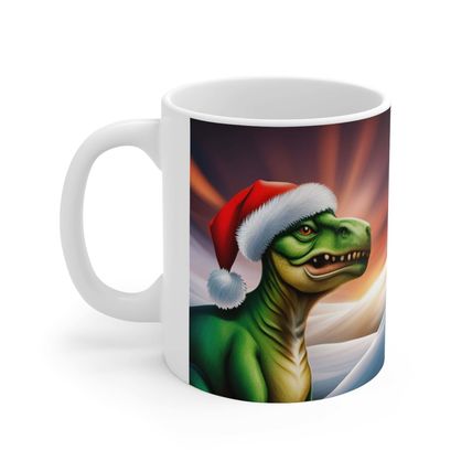 Dinosaur Raptor Rocks Christmas Santa Red Hat Ceramic Mug 11oz design #4 Wrap-a-