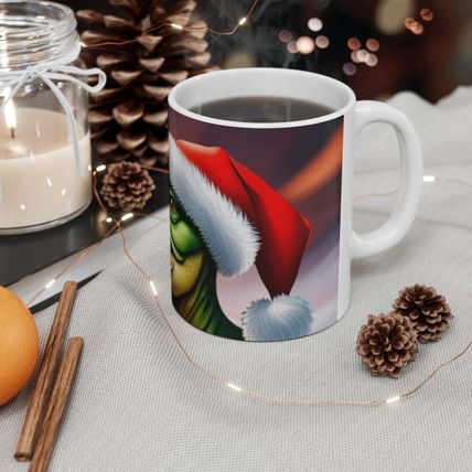 Dinosaur Raptor Rocks Christmas Santa Red Hat Ceramic Mug 11oz design #4 Wrap-a-
