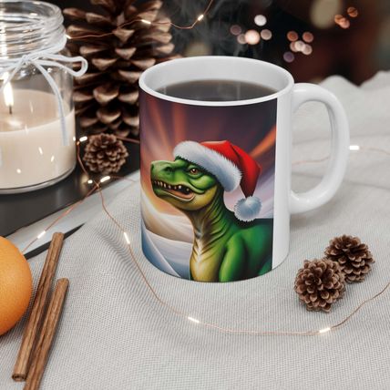 Dinosaur Raptor Rocks Christmas Santa Red Hat Ceramic Mug 11oz design #4 Wrap-a-