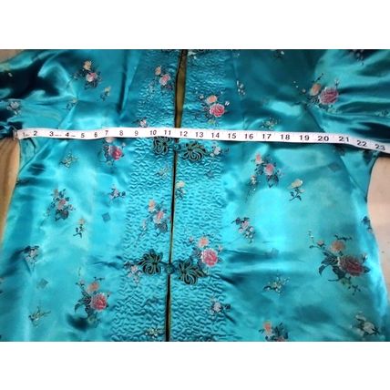 Wms Embroidered Aqua Floral Oriental Kimono Robe Gown Sm/Med Heavy Quality Flaw