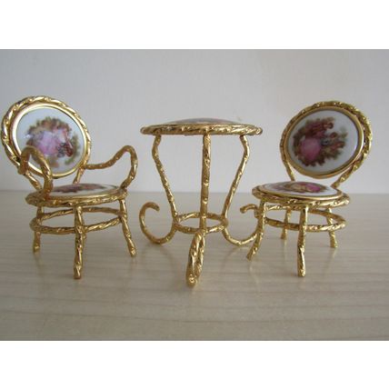 VINTAGE LIMOGES GOLD PLATED DOLLS HOUSE FURNITURE METAL & PORCELAIN