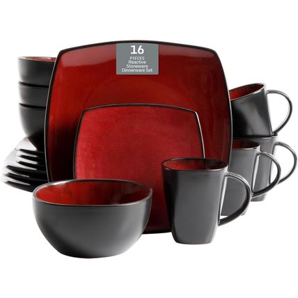 Gibson Soho Lounge Square Reactive Glaze Dinnerware Set, Red, Service for 4 (16P