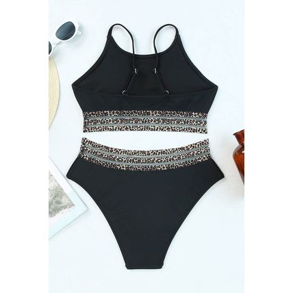 Black Rose Leopard Mesh Trim 2pcs Bikini Swimsuit