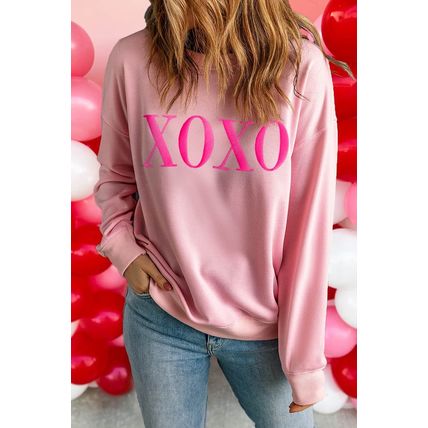 Pink XOXO Puff Print Drop Shoulder Pullover Sweatshirt