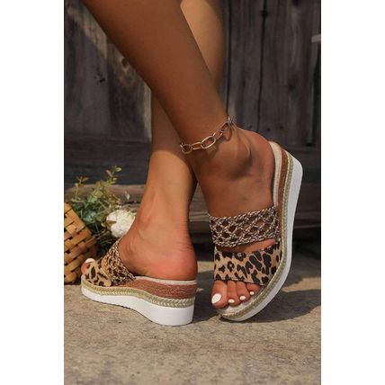 Chestnut Leopard Print Braided Details Wedge Slippers