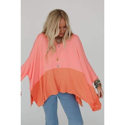Grapefruit Orange Contrast Color Patchwork Oversized Side Split Top