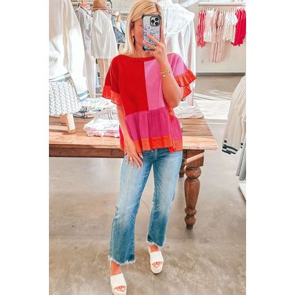 Tomato Red Mix Knitted Patchwork Ruffle Trim Loose Sweater