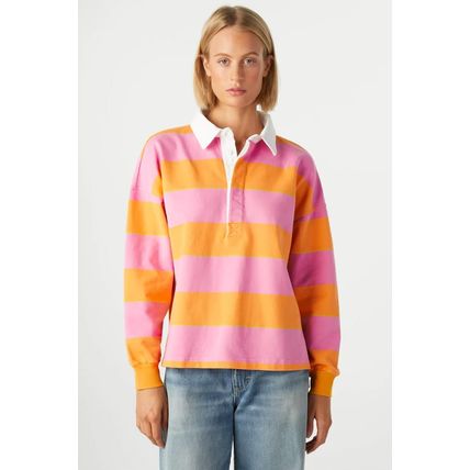 Yellow Stripe Color Block Polo Collar Sweatshirt