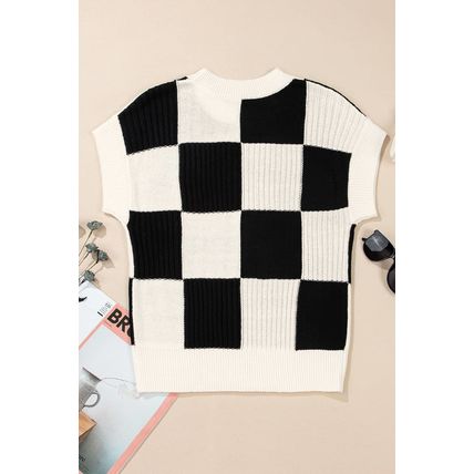 Black Checkered Color Block Crew Neck Short Sleeve Sweater