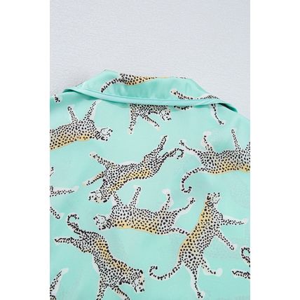 Green Leopard Satin Ruffle Pajama Short Set