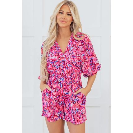 Pink Abstract Print Puff Sleeve V Neck High Waist Romper