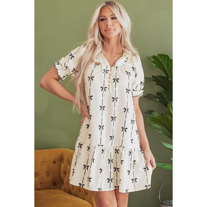 Beige Cute Bowknot Printed Bubble Sleeve V Neck Mini Dress