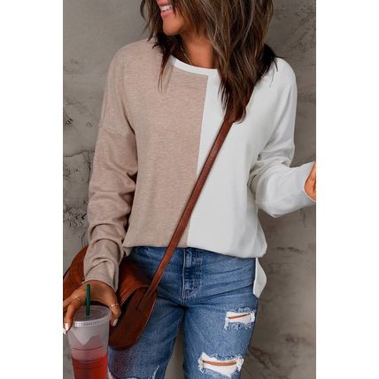 Khaki Colorblock Long Sleeve Crew Neck Top