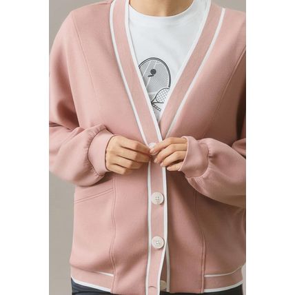 Pink Stripe Contrast Trim V Neck Buttoned Front Pocketed Knit Cardigan
