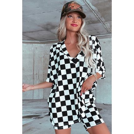 Black Checkerboard Print V Neck Loose Tee and Shorts Lounge Set