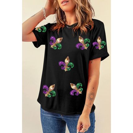 Black Mardi Gras Symbol Patched Crewneck T Shirt