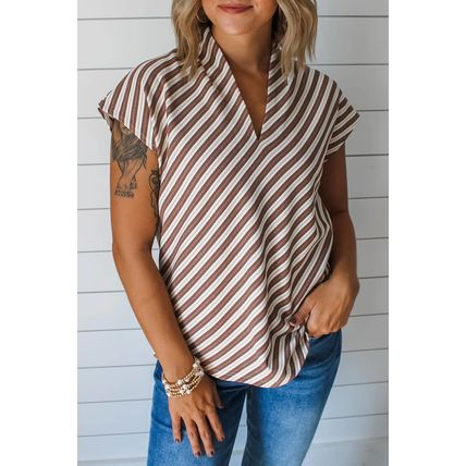 Chestnut Striped Stand V Neck Short Sleeve Blouse