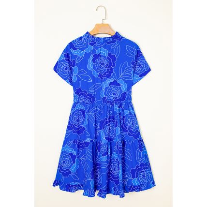 Blue Floral Ruffled Hem V Neck Short Sleeve Flowy Mini Dress