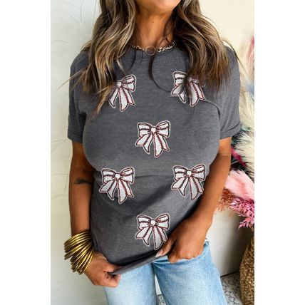 Gray Sequin Bow Baseball Fashion Graphic Tee