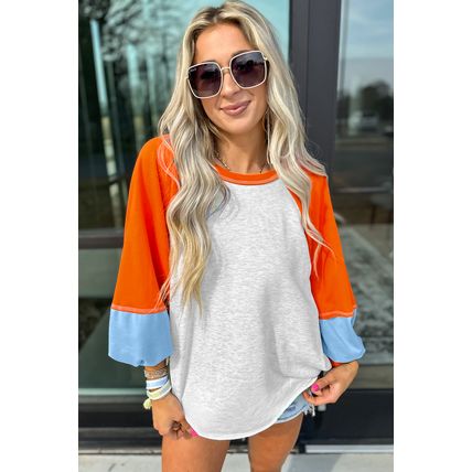 Light Grey Color Block Raglan Sleeve Contrast Stitching Loose Fit Top