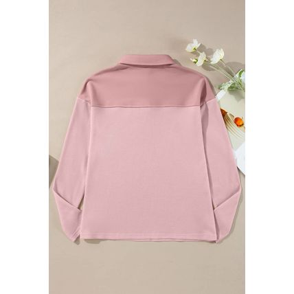 Light Pink Solid Color Long Sleeve Thermal Knit Polo Collar Patchwork Top