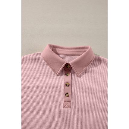 Light Pink Solid Color Long Sleeve Thermal Knit Polo Collar Patchwork Top