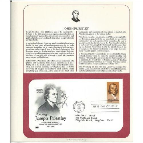JOSEPH PRIESTLEY ' OFFICIAL FIRST DAY of ISSUE ' (1983)