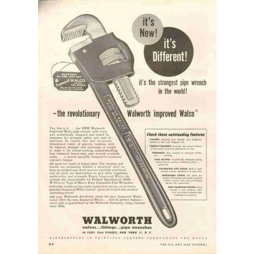 walworth company 1951 strongest pipe wrench oil tools vintage ad
