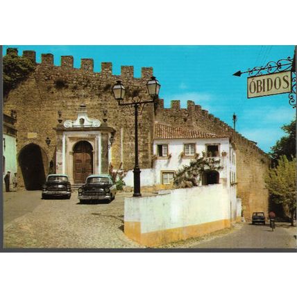 Obidos, Portugal - Gate of Town, old cars - postcard, c.1970s
