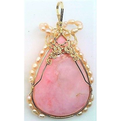 Pink Opal Pearl Gold Wire Wrap Gemstone Pendant 16