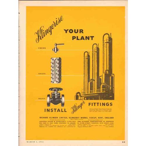 RICHARD KLINGER LTD 1954 Klingerise your plant fittings vintage ad