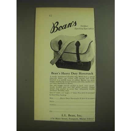 1974 L.L. Bean Heavy Duty Haversack Ad - Bean's Outdoor sporting specialties