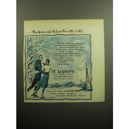 1958 St. Moritz On-the-Park Hotel Ad - New York's only truly continental hotel